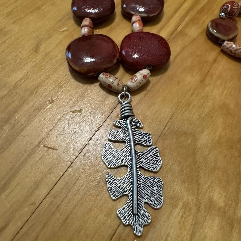 New Southwest Chunky FEATHER/LEAF PENDANT Beaded Necklace w/ Bracelet
